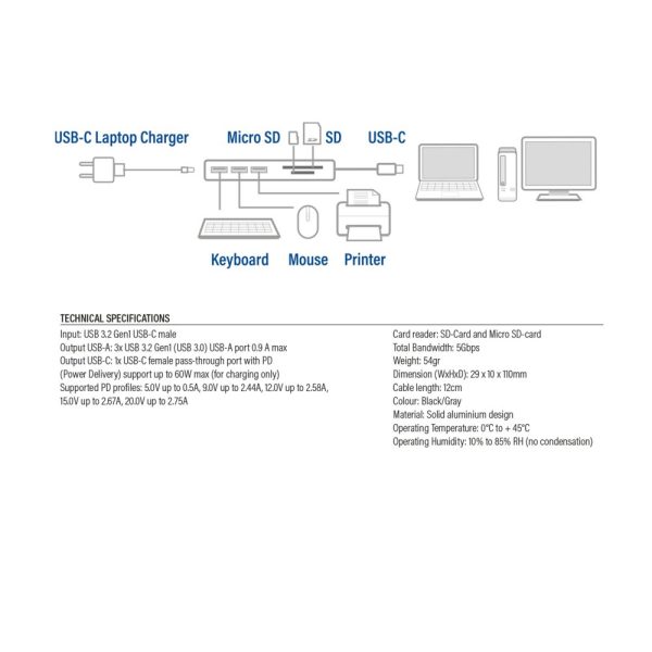 ACT AC7050 3-Poorts USB-C 3.2 Gen1 (USB 3.0) Hub met kaartlezer en PD Pass-Through poort - Afbeelding 8