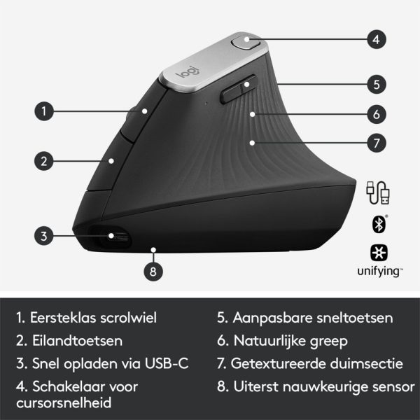 Logitech MX Vertical | Ergonomische Draadloze Muis | Rechtshandig | RF + Bluetooth | 4000 DPI | Zwart/Zilver - Afbeelding 7