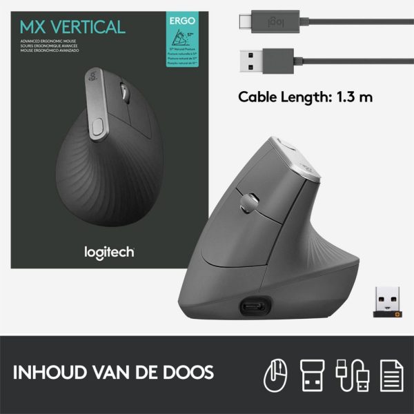 Logitech MX Vertical | Ergonomische Draadloze Muis | Rechtshandig | RF + Bluetooth | 4000 DPI | Zwart/Zilver - Afbeelding 10